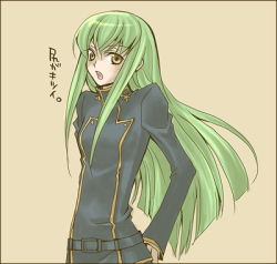 Rule 34 | 00s, 1girl, blush, c.c., code geass, crossdressing, female focus, green hair, hand on own ass, long hair, lowres, mecco, simple background, solo, uniform, yellow eyes
