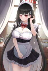 Rule 34 | 1girl, absurdres, alternate costume, apron, black dress, black hair, black halo, blue archive, bright pupils, cleavage cutout, clothing cutout, cowboy shot, dress, enmaided, frilled apron, frills, hair ornament, hairclip, hairpin, halo, highres, holding, holding tray, maid, maid apron, maid headdress, naze236, puffy short sleeves, puffy sleeves, red eyes, rio (blue archive), short sleeves, tray, waist apron, white apron, white pupils