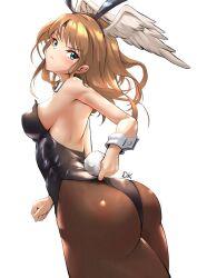 Rule 34 | 1girl, adjusting clothes, animal ears, artist name, ass, bare shoulders, blue eyes, blush, breasts, brown hair, closed mouth, commentary, deekei, detached collar, eunie (xenoblade), fake animal ears, fake tail, hair ornament, hairband, head wings, highleg, highleg leotard, leotard, long hair, looking at viewer, medium breasts, pantyhose, playboy bunny, rabbit ears, rabbit tail, serious, shiny clothes, signature, simple background, skin tight, strapless, strapless leotard, tail, white background, wings, wrist cuffs, xenoblade chronicles (series), xenoblade chronicles 3