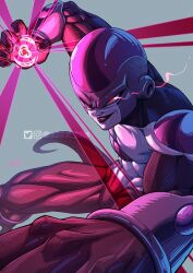 Rule 34 | 1boy, arm up, artist name, biceps, black frieza, black lips, colored skin, commentary, dragon ball, dragon ball super, energy, english commentary, evil smile, frieza, glowing, glowing eye, grey background, instagram logo, instagram username, lips, male focus, muscular, muscular male, parted lips, red eyes, signature, simple background, smile, solo, tail, twitter logo, twitter username, uchiha jake, v-shaped eyebrows