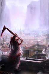 Rule 34 | androgynous, cityscape, gender request, highres, long hair, male focus, okaba, outdoors, pixiv fantasia, pixiv fantasia 4, realistic, scythe, sky, solo, sword, weapon