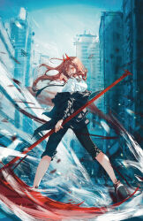 Rule 34 | 1girl, absurdres, black hoodie, black pants, blood, blood splatter, brown hair, building, chainsaw man, collared shirt, cross-shaped pupils, hemokinesis, highres, holding, holding scythe, holding weapon, hood, hoodie, horns, jacket, jacket partially removed, long hair, looking at viewer, looking back, motion blur, pants, pants rolled up, power (chainsaw man), red horns, scythe, sharp teeth, shirt, sky, smile, solo, symbol-shaped pupils, teeth, weapon, white shirt, wind, yellow eyes, yumitang