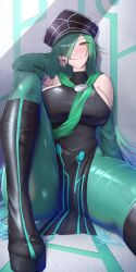 Rule 34 | 1girl, absurdres, bare shoulders, black footwear, black hat, blush, bodysuit, boots, breasts, check copyright, closed mouth, commission, copyright request, detached sleeves, green bodysuit, green hair, hat, highres, knee boots, knee up, large breasts, long hair, long sleeves, looking at viewer, one eye covered, original, pelvic curtain, shiroshisu, sitting, skeb commission, smile, solo, thick thighs, thighs, yellow eyes
