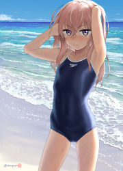 Rule 34 | 1girl, armpits, arms up, beach, blue one-piece swimsuit, blue sky, blush, breasts, closed mouth, cloud, collarbone, competition school swimsuit, cowboy shot, day, female focus, hair between eyes, highres, horizon, inui sajuna, long hair, looking at viewer, mu-pyon, ocean, one-piece swimsuit, outdoors, pink eyes, pink hair, purple eyes, school swimsuit, sky, small breasts, solo, sono bisque doll wa koi wo suru, standing, swimsuit, twitter username, upper body, water, wet