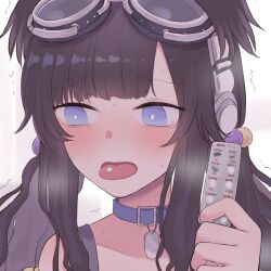 Rule 34 | 1girl, :o, animal ears, averting eyes, belt collar, black hair, blue archive, blunt bangs, blush, chizu (cartography 104), close-up, collar, collarbone, commentary, detached sleeves, dog ears, dog girl, goggles, goggles on head, grey eyes, hair bobbles, hair ornament, headphones, heavy breathing, hibiki (blue archive), highres, holding pill, in heat, long hair, looking at viewer, low twintails, parted bangs, pill on tongue, sidelocks, simple background, solo, steam, sweatdrop, tongue, tongue out, trembling, twintails, visible air, white background