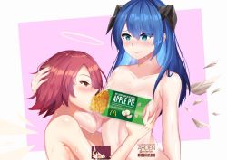 Rule 34 | 2girls, apple pie, ardenlolo, arknights, blue eyes, blue hair, blush, breast sucking, breasts, censored, censored nipples, collarbone, commentary request, exusiai (arknights), female focus, food, from side, grin, hair between eyes, halo, hand on another&#039;s head, horns, long hair, medium breasts, mostima (arknights), multiple girls, nose blush, novelty censor, nude, paid reward available, parted lips, partial commentary, pie, profile, red eyes, red hair, short hair, smile, stomach, twitter logo, upper body, yuri