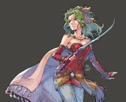 Rule 34 | 1girl, argyle clothes, argyle pantyhose, artist name, bare shoulders, blue eyes, bracelet, breasts, bridal gauntlets, cape, cleavage, collarbone, cowboy shot, detached sleeves, dress, earrings, final fantasy, final fantasy vi, green hair, grey background, hair ribbon, highres, holding, holding sword, holding weapon, jewelry, josh corpuz, long hair, looking back, medium breasts, parted bangs, ponytail, red dress, red sleeves, ribbon, short dress, solo, strapless, strapless dress, sword, tina branford, tube dress, waist sash, wavy hair, weapon
