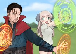 Rule 34 | animification, black hair, cape, crossover, doctor strange, doctor strange (series), facial hair, grass, green eyes, gym uniform, highres, light brown hair, long hair, looking at another, luminous witches, m1saki 1, magic, magic circle, marvel, marvel cinematic universe, mustache, shirt, shorts, sky, virginia robertson, wizard, world witches series