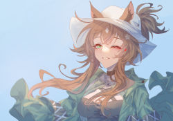 Rule 34 | 1girl, ;d, absurdres, animal ear fluff, arknights, black choker, black shirt, blue background, blush, breasts, brown hair, choker, cleavage, ears through headwear, green eyes, green jacket, hair ornament, heart, highres, innoarukugyou, jacket, long hair, looking at viewer, medium breasts, meteor (arknights), meteor (bard&#039;s holiday) (arknights), mole, mole under eye, official alternate costume, one eye closed, open clothes, open jacket, open mouth, parted lips, shirt, short ponytail, sidelocks, simple background, smile, solo, star (symbol), star hair ornament, white headwear