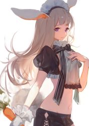 Rule 34 | 1girl, absurdres, animal ears, black bow, black shorts, bow, bowtie, rabbit ears, rabbit tail, carrot, closed mouth, cowboy shot, crop top, ear down, food, from side, gloves, grey hair, hand on own chest, highres, holding, holding food, holding vegetable, hoojiro, long hair, looking at viewer, looking to the side, maid, maid headdress, midriff, navel, original, puffy short sleeves, puffy sleeves, purple eyes, rabbit girl, short shorts, short sleeves, shorts, single glove, smile, solo, standing, tail, vegetable, white gloves