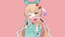 Rule 34 | ;), absurdres, blunt bangs, bow, character name, detached sleeves, green bow, hachipuyo, hair bow, hair ornament, hairpin, hand fan, highres, holding, holding fan, indie virtual youtuber, japanese clothes, light brown hair, long hair, nanahira, one eye closed, pink background, ribbon, smile, virtual youtuber, white ribbon, wind chime, yellow eyes
