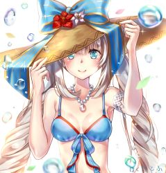 Rule 34 | 1girl, adjusting clothes, adjusting headwear, armlet, armpits, bare arms, bare shoulders, bikini, bikini top only, blue bikini, blue bow, blue eyes, blue ribbon, bow, breasts, brown hat, bubble, cleavage, closed mouth, commentary request, fate/grand order, fate (series), flower, front-tie bikini top, front-tie top, hakuda tofu, hands on headwear, hands up, hat, hat bow, hibiscus, highres, jewelry, lips, long hair, looking at viewer, marie antoinette (fate), marie antoinette (swimsuit caster) (third ascension) (fate), medium breasts, necklace, pearl necklace, ribbon, silver hair, simple background, smile, solo, striped, striped bow, sun hat, swimsuit, tareme, twintails, upper body, very long hair, white background