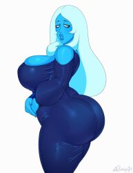 Rule 34 | 1girl, ass, blue diamond (steven universe), blue eyes, blue hair, blue skin, breasts, cleavage cutout, clothing cutout, colored skin, curvy, dress, female focus, highres, huge ass, huge breasts, lips, long hair, looking back, matching hair/eyes, mature female, nail polish, parted lips, rocner, skin tight, skindentation, solo, steven universe, thick lips, thick thighs, thighs