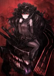 Rule 34 | 10s, 1girl, abyssal ship, black hair, dress, gothic lolita, hebinuma, isolated island oni, kantai collection, lolita fashion, long hair, looking at viewer, pale skin, pantyhose, red eyes, runway, smile, solo, tongue
