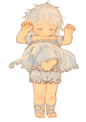 Rule 34 | 1girl, arms up, bare shoulders, blonde hair, blue hair, blush, character request, child, clothing request, commentary request, copyright request, dot nose, closed eyes, feral lemma, flat chest, frills, full body, highres, medium hair, multicolored hair, navel, paid reward available, parted lips, see-through, simple background, solo, standing, two-tone hair, white background