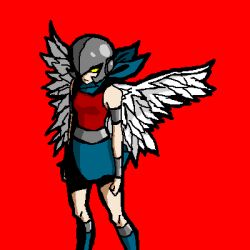 Rule 34 | 1girl, angel (dc), blue footwear, blue skirt, boots, cartoon network, dc comics, helmet, lowres, okayu, red background, red shirt, shirt, shoes, simple background, skirt, solid eyes, solo, standing, teen titans, vambraces, wings, yellow eyes
