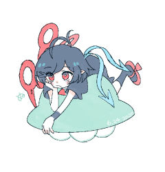 Rule 34 | 1girl, ahoge, asymmetrical wings, black dress, black hair, black socks, blue wings, blush, commentary, dated, dress, elbow rest, english commentary, full body, hand up, houjuu nue, lying, on stomach, pointy ears, red eyes, red footwear, red wings, short hair, short sleeves, simple background, socks, solo, touhou, ufo, ufo day, white background, wings, wristband, you taira