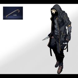 Rule 34 | 1boy, black coat, black pants, brown footwear, coat, covered face, full body, gloves, highres, holding, holding knife, holding weapon, hood, hood up, knife, letterboxed, male focus, nintendo, pants, personification, reference inset, shoes, sido (slipknot), simple background, solo, splatoon (series), undercover brella (splatoon), weapon
