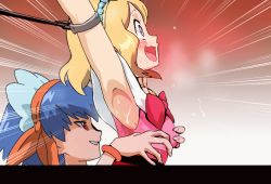 Rule 34 | 2girls, animated, animated gif, armpit focus, armpits, arms up, blush, bouncing breasts, breasts, covered erect nipples, creatures (company), crying, game freak, grabbing, grabbing another&#039;s breast, kusugurijin, laughing, miette (pokemon), multiple girls, nintendo, nipples, pokemon, pokemon (anime), pokemon xy (anime), restrained, saliva, serena (pokemon), small breasts, smile, sweat, tickle torture, tickling