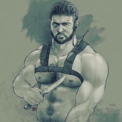 Rule 34 | 1boy, bara, chest hair, chris redfield, closed mouth, facial hair, highres, holding, holding knife, holding weapon, holster, instagram username, knife, large pectorals, male focus, male pubic hair, monochrome, muscular, muscular male, navel, nipples, nude, pectorals, pubic hair, resident evil, resident evil village, short hair, shoulder holster, solo, upper body, weapon, weibo watermark, youngyee art