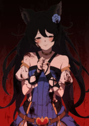 Rule 34 | 1girl, animal ears, bare shoulders, belt, black hair, blood, blood on clothes, blood on face, blue dress, blush, breasts, bridal gauntlets, choker, detached sleeves, dress, flower, granblue fantasy, hair flower, hair ornament, half-closed eyes, hands up, lips, long hair, mifuta, nier (granblue fantasy), own hands together, parted lips, red background, sleeveless, sleeveless dress, small breasts, solo, upper body