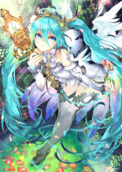 Rule 34 | 1girl, alteil, alteil battle rpg, alternate costume, aqua hair, blue eyes, dress, fantasy, female focus, full body, hatsune miku, long hair, nature, official art, outdoors, plant, solo, thighhighs, twintails, very long hair, vocaloid, white dress, white thighhighs, yamamoto yamato