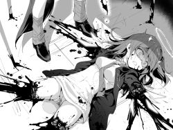 Rule 34 | 1girl, amputee, arknights, blood, breasts, clenched teeth, crying, crying with eyes open, detached wings, dismemberment, dress, energy wings, ero guro, exusiai (arknights), female focus, greyscale, guro, halo, jacket, kataokasan, long hair, medium breasts, monochrome, necktie, open clothes, open jacket, panties, pantyshot, quadruple amputee, ryona, solo focus, tears, teeth, underwear, wings