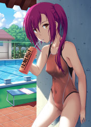 Rule 34 | 1girl, bench, blue sky, bottle, breasts, brown eyes, chain-link fence, choukou shinki ixseal, clipboard, cloud, commentary request, competition swimsuit, covered navel, cowboy shot, day, drinking straw, fence, hair between eyes, highres, house, houshou kirika, long hair, looking at viewer, mottio, one-piece swimsuit, outdoors, pool, red hair, side ponytail, sky, small breasts, solo, swimsuit, tree, water bottle, wet, wet clothes, wet swimsuit