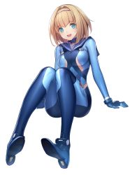 Rule 34 | 10s, 1girl, :d, bad id, bad pixiv id, blonde hair, blue eyes, bodysuit, full body, hairband, heavy object, highres, looking at viewer, milinda brantini, open mouth, pen (steelleets), sitting, smile, solo, transparent background