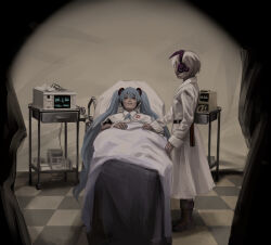 Rule 34 | 2girls, absurdres, bed, blue hair, cardiogram, cevio, checkered floor, ci flower, closed mouth, commentary, deepseasecret, dress, english commentary, flower (vocaloid), full body, grey hair, hair between eyes, hatsune miku, headphones, highres, hospital bed, long bangs, long hair, long sleeves, looking at another, multiple girls, my chemical romance, nurse, on bed, short hair, standing, the black parade (album), twintails, under covers, very long hair, vignetting, vocaloid, white dress