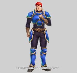 Rule 34 | 1boy, armor, blue armor, breastplate, clenched hand, copyright name, fire emblem, fire emblem: mystery of the emblem, fire emblem heroes, hand on own chest, looking at viewer, mixed-language commentary, nintendo, official art, pauldrons, red eyes, red hair, shoulder armor, vyland (fire emblem), yamada koutarou