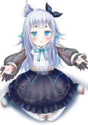 Rule 34 | 1girl, absurdres, and uge, android, black skirt, blue bow, blue bowtie, blunt bangs, blush, bow, bowtie, buttons, chestnut mouth, cola (250ml cola), commentary request, finger cots, flat chest, frilled skirt, frills, full body, grey hair, hairpods, highres, joints, long hair, looking at viewer, medium bangs, nanashi inc., open mouth, pantyhose, robot joints, see-through, see-through sleeves, shirt, simple background, sitting, skirt, solo, thick eyebrows, virtual youtuber, wariza, white background, white pantyhose, white shirt, winding key