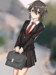 Rule 34 | 1girl, absurdres, asada shino, bag, blazer, brown eyes, brown hair, brown jacket, brown skirt, chinese commentary, commentary request, cowboy shot, hair between eyes, hair ribbon, highres, holding, holding bag, jacket, looking at viewer, necktie, pleated skirt, red necktie, ribbon, school uniform, short hair, sinon, sitnon, skirt, solo, sword art online, tress ribbon