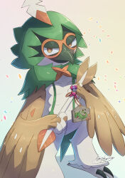 Rule 34 | absurdres, animal focus, arrow (projectile), beak, brown feathers, commentary request, confetti, creatures (company), decidueye, feathers, game freak, gen 3 pokemon, gen 7 pokemon, gradient background, grey background, highres, holding, holding arrow, legendary pokemon, looking at viewer, master ball, nintendo, no humans, orange pupils, poke ball, pokemon, pokemon (creature), rayquaza, signature, talons, tanpakuroom, wings, yellow eyes