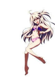 Rule 34 | 1girl, :d, absurdres, ahoge, bare legs, bare shoulders, barefoot, bikini, breasts, cleavage, fate/kaleid liner prisma illya, fate (series), feet, flipped hair, full body, halterneck, highres, illyasviel von einzbern, light brown hair, long hair, looking at viewer, navel, one side up, open mouth, purple bikini, purple eyes, sidelocks, simple background, small breasts, smile, solo, swimsuit, takeuchi takashi, toes, white background