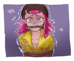 Rule 34 | bad id, bad pixiv id, beanie, black hat, border, bound, crying, crying with eyes open, danganronpa (series), danganronpa 2: goodbye despair, gag, gagged, grey shirt, hat, highres, hood, jumpsuit, looking at viewer, male focus, medium hair, outline, pink eyes, pink hair, purple background, rope gag, saliva, shirt, soda kazuichi, solo, tears, tied up (nonsexual), translation request, trembling, upper body, uzicha, white border, white outline, yellow jumpsuit