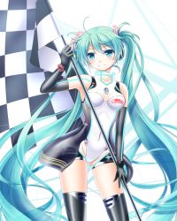 Rule 34 | 1girl, checkered flag, covered navel, elbow gloves, flag, gloves, green eyes, green hair, hatsune miku, highres, leotard, long hair, matching hair/eyes, md5 mismatch, nanatsuba, race queen, racing miku, racing miku (2011), resolution mismatch, see-through, smile, solo, source smaller, thighhighs, twintails, very long hair, vocaloid