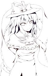 Rule 34 | 1girl, absurdres, breasts, female focus, hat, highres, krace, lineart, looking at viewer, monochrome, nagae iku, smile, solo, touhou, transparent background