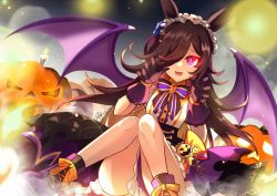 Rule 34 | :d, aa2233a, alternate costume, animal ears, artist name, bat wings, black footwear, bow, fangs, footwear bow, hair over one eye, halloween, horse ears, jack-o&#039;-lantern, knees together feet apart, looking at viewer, open mouth, orange bow, purple bow, red eyes, rice shower (umamusume), sitting, smile, solo, umamusume, wings, yellow bow