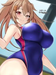 Rule 34 | 1girl, black one-piece swimsuit, blush, breasts, brown eyes, competition swimsuit, covered navel, cowboy shot, dated, hair flaps, hair ornament, hair ribbon, heterochromia, highres, kantai collection, large breasts, light brown hair, long hair, looking at viewer, montemasa, murasame (kancolle), murasame kai ni (kancolle), one-piece swimsuit, purple one-piece swimsuit, red eyes, rei no pool, ribbon, smile, solo, swimsuit, twitter username, two-tone swimsuit, two side up, window