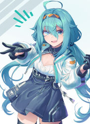 Rule 34 | 1girl, :d, absurdres, ahoge, belt, black belt, black gloves, black thighhighs, blue eyes, blue hair, breasts, cleavage, cowboy shot, cropped jacket, fang, gloves, green eyes, grey skirt, hair between eyes, heterochromia, high-waist skirt, highres, jacket, long hair, looking at viewer, low twintails, notice lines, open mouth, original, shichigatsu, shirt, skirt, small breasts, smile, solo, standing, thighhighs, twintails, very long hair, w, white jacket, white shirt
