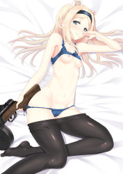 Rule 34 | 10s, 1girl, a9b (louis814), absurdres, aleksandra i. pokryshkin, animal ears, black pantyhose, blonde hair, blue bra, blue eyes, blue panties, bra, bra lift, brave witches, breasts, closed mouth, clothes lift, clothes pull, gun, hairband, hand to own mouth, highres, long hair, lying, nipples, on side, panties, pantyhose, pantyhose pull, parted bangs, ppsh-41, side-tie panties, sidelocks, small breasts, smile, solo, sports bra, sports bra lift, submachine gun, underwear, underwear only, weapon, world witches series