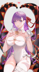 Rule 34 | 1girl, bare shoulders, bb (fate), bb (fate) (all), bb (swimsuit mooncancer) (fate), bb (swimsuit mooncancer) (third ascension) (fate), blush, breasts, bridal garter, cleavage, collarbone, fate/extra, fate/extra ccc, fate/grand order, fate (series), hair ribbon, highres, large breasts, long hair, looking at viewer, o-ring, o-ring thigh strap, one-piece swimsuit, purple eyes, purple hair, red ribbon, ribbon, shei99, smile, solo, swimsuit, tentacles, thigh strap, thighs, very long hair, white one-piece swimsuit