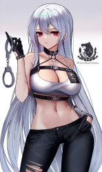 Rule 34 | 1girl, absurdres, alternate costume, azur lane, bare shoulders, black gloves, black pants, blood, blood stain, blue eyes, breasts, character name, chest strap, chinese commentary, cleavage, collar, collarbone, commentary, cowboy shot, crop top, cuffs, denim, eternity (shadeh), gloves, handcuff dangle, handcuffs, highres, jeans, large breasts, long hair, looking at viewer, midriff, mole, mole on stomach, mole under eye, navel, pants, photoshop (medium), police, police badge, police uniform, policewoman, red eyes, shirt, silver hair, sleeveless, sleeveless shirt, solo, sovetskaya rossiya (azur lane), sovetskaya rossiya (the lackadaisical lookout) (azur lane), standing, stomach, torn clothes, torn pants, uniform, very long hair, weapon, white shirt