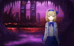 Rule 34 | 1girl, aihashi i, alice margatroid, alice margatroid (pc-98), arms at sides, bad id, bad pixiv id, blonde hair, blush, building, cave, hair between eyes, hair ornament, looking at viewer, makai (touhou), ocean, purple sky, scenery, shirt, skirt, sky, skyscraper, smile, stalactite, stalagmite, standing, suspender skirt, suspenders, touhou, touhou (pc-98), yellow eyes