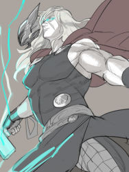 Rule 34 | 1boy, animification, bare shoulders, belt, blue eyes, cape, cowboy shot, electricity, expressionless, glowing, glowing eyes, grey background, hammer, holding, holding weapon, long hair, looking at viewer, looking down, male focus, marvel, muscular, red cape, silver hair, simple background, sketch, sleeveless, solo, standing, thor (marvel), weapon, yokaori