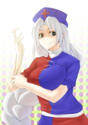 Rule 34 | 1girl, adjusting clothes, adjusting gloves, bad id, bad pixiv id, blush, braid, breasts, doseisan (dosei-san), female focus, gloves, grey eyes, hat, large breasts, latex, latex gloves, long hair, nurse cap, shaded face, silver hair, skirt, smile, solo, suppository, touhou, yagokoro eirin