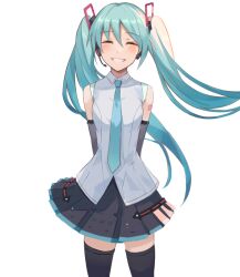 Rule 34 | 1girl, arms behind back, bare shoulders, black thighhighs, blue hair, breasts, closed eyes, collared shirt, green necktie, hair ornament, hatsune miku, hatsune miku (vocaloid4), highres, long hair, medium breasts, miniskirt, necktie, pleated skirt, shirt, simple background, skirt, smile, solo, teeth, thighhighs, touchika, twintails, vocaloid, white background, zettai ryouiki