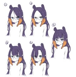 Rule 34 | 1girl, blue eyes, blunt bangs, blush, character sheet, eyes visible through hair, glasses, hololive, hololive english, long hair, looking at viewer, mole, mole under eye, multicolored hair, ninomae ina&#039;nis, paintbrush, pointy ears, purple hair, round eyewear, shiina rei, smile, solo, tentacle hair, tentacles, virtual youtuber
