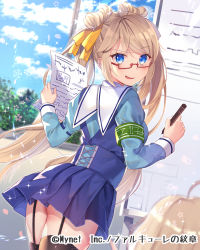 Rule 34 | 2girls, ahoge, armband, black legwear, blue dress, blue eyes, blue shirt, blurry, blurry background, blurry foreground, blush, character request, commentary request, copyright notice, day, depth of field, double bun, dress, falkyrie no monshou, garter straps, glasses, hair between eyes, hair bun, hair ribbon, holding, indoors, juliet sleeves, light brown hair, long hair, long sleeves, looking at viewer, looking back, multiple girls, official art, parted lips, petals, pleated dress, puffy sleeves, red-framed eyewear, ribbon, semi-rimless eyewear, shirt, sleeveless, sleeveless dress, smirk, solo focus, thighhighs, twintails, under-rim eyewear, very long hair, watermark, window, yellow ribbon, yuraiko